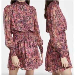 A.L.C. Mini Dress Women's Size 6 Silvie Smocked Silk Metallic Floral Pink Navy